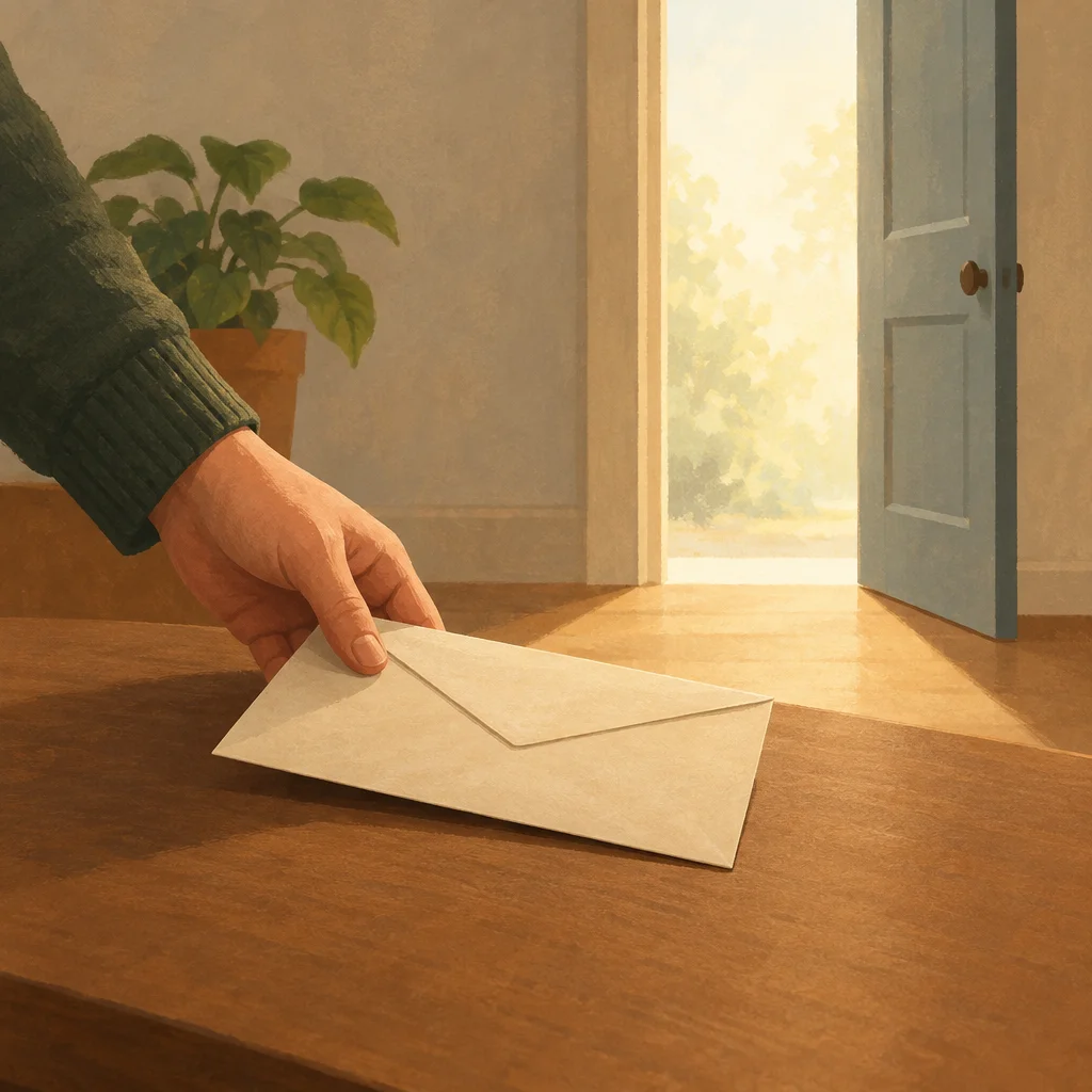 A plain envelope on a table near an open doorway with light coming through.