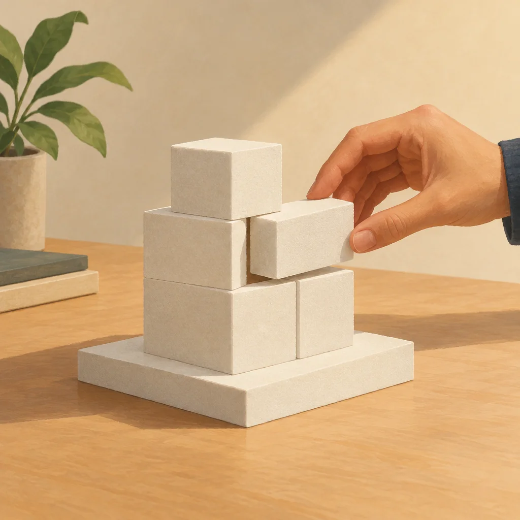 A foam-block model with one piece slightly out of alignment and a hand poised to reposition it.