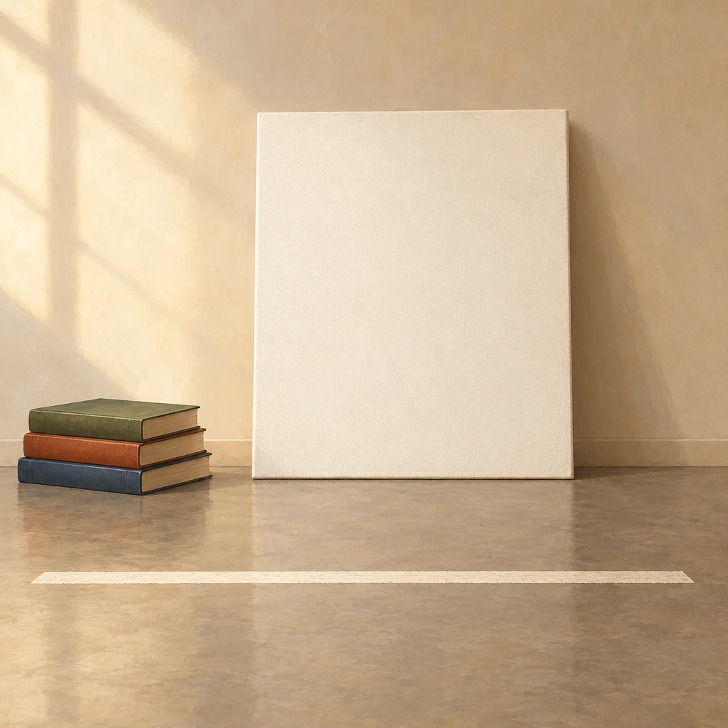 A blank canvas past a floor line, with a small stack of closed books off to one side.