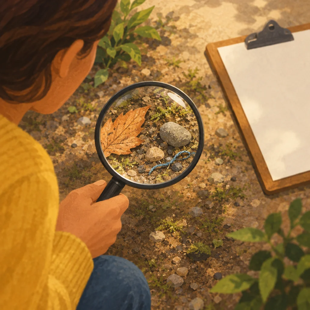 A magnifying glass highlighting small ground details while a clipboard rests nearby, slightly out of focus.