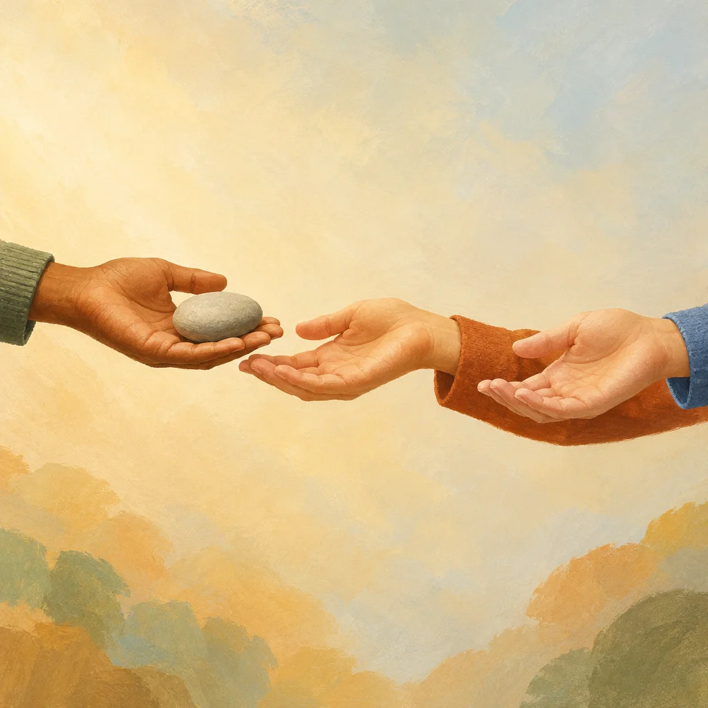 Several open hands in a row passing a small smooth stone from one hand to the next.
