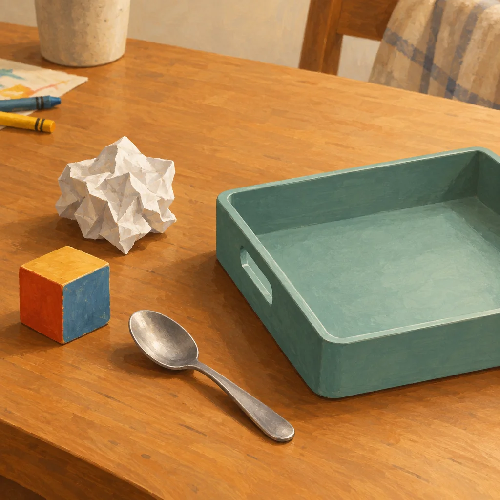 A tabletop with scattered small items and an empty tray placed next to the nearest few objects.