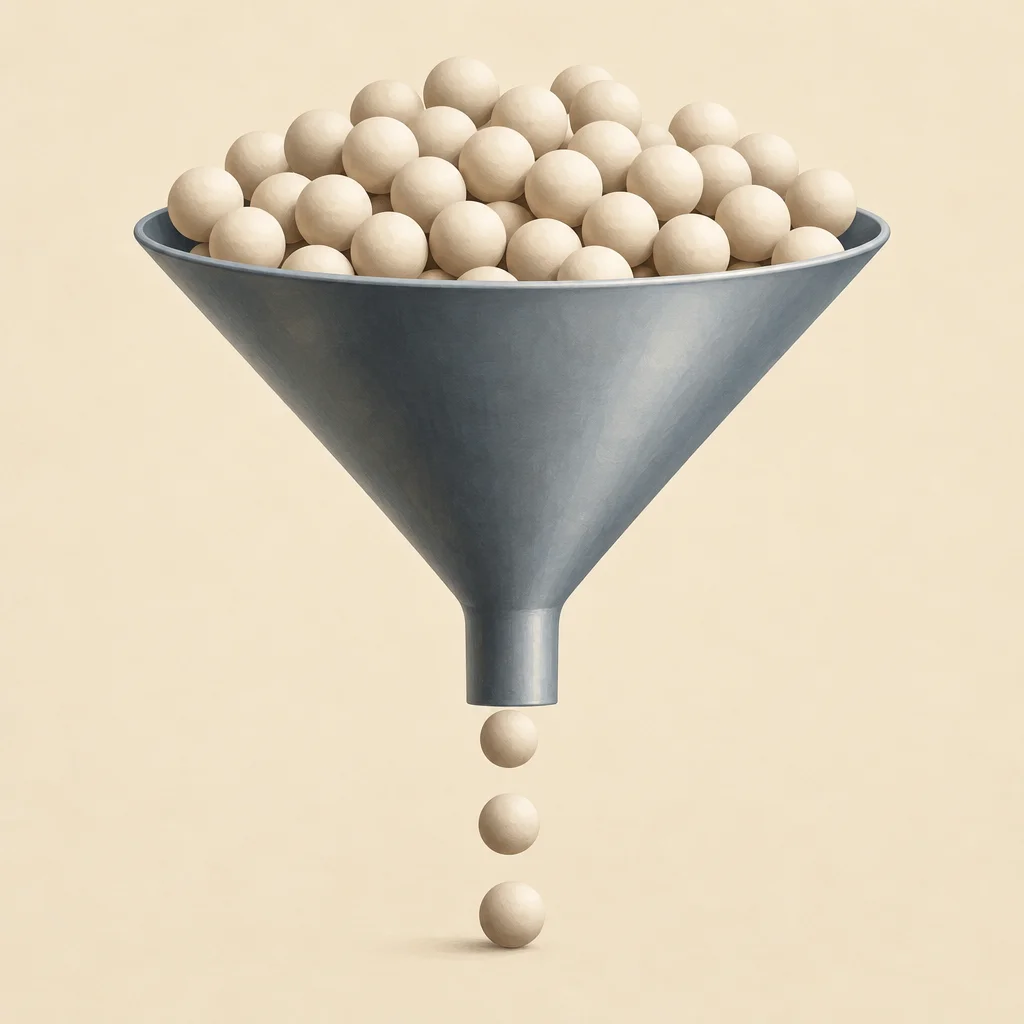 A large funnel narrowing in the middle, with many plain spheres above and only a few below.