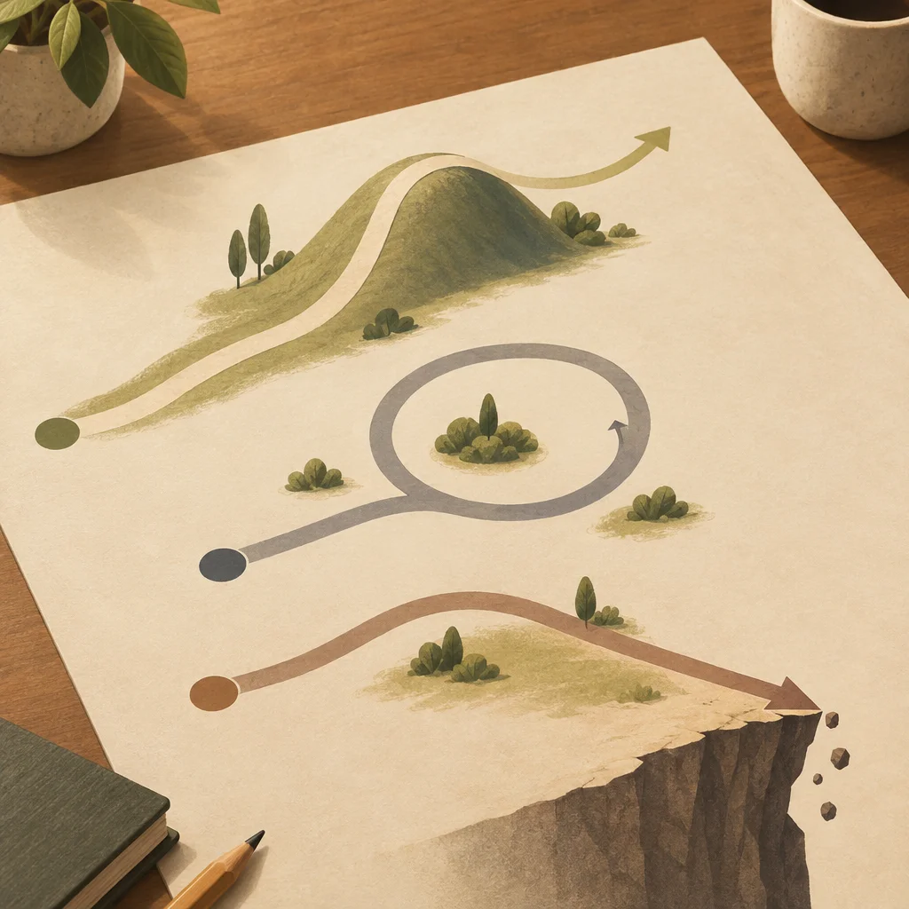 Three unlabelled paths: one over a bump, one looping, and one sloping toward a sharp edge.