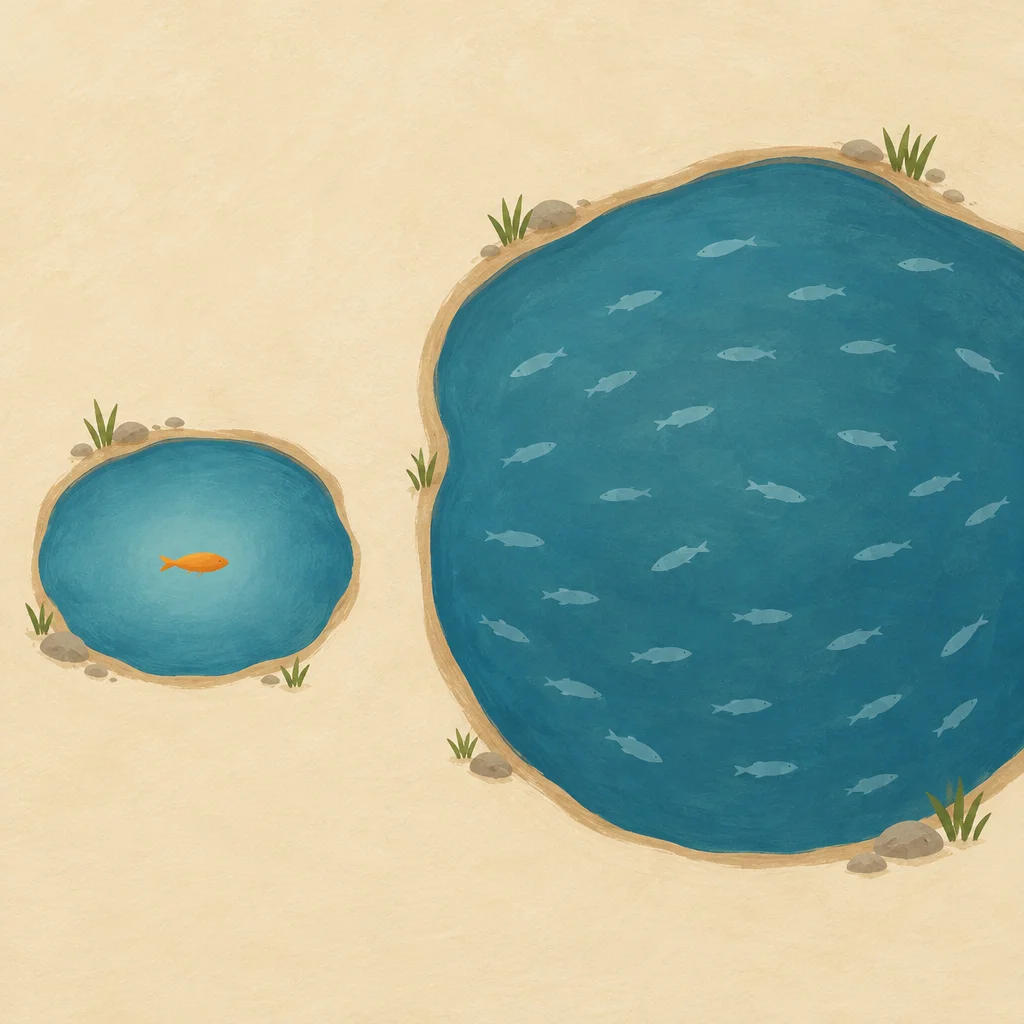 A small pond with one fish centered and a larger pond with many fish spread out, suggesting focus versus diffusion.