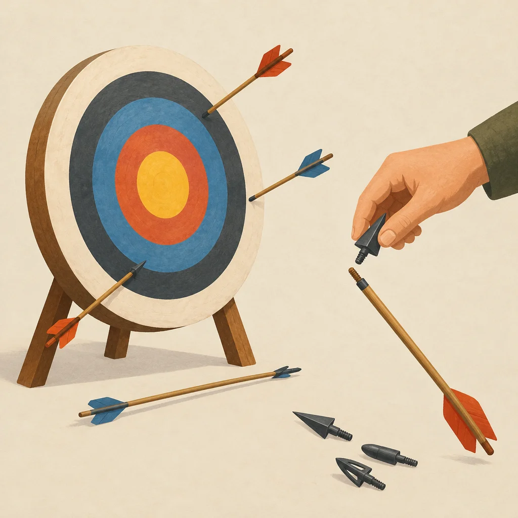 A target with arrows around it and a hand changing an arrow’s tip, suggesting adjusting method without changing goal.