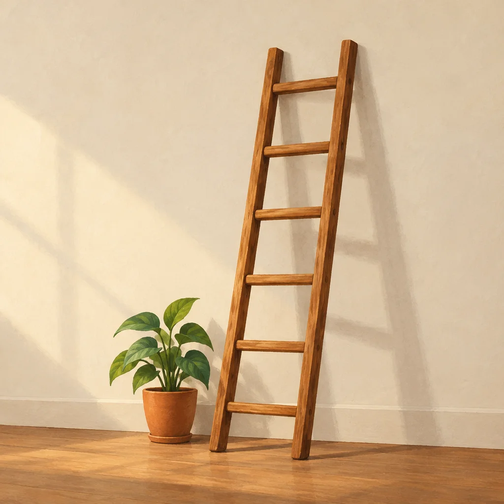 A ladder leaning on a plain wall with a small potted plant at its base.