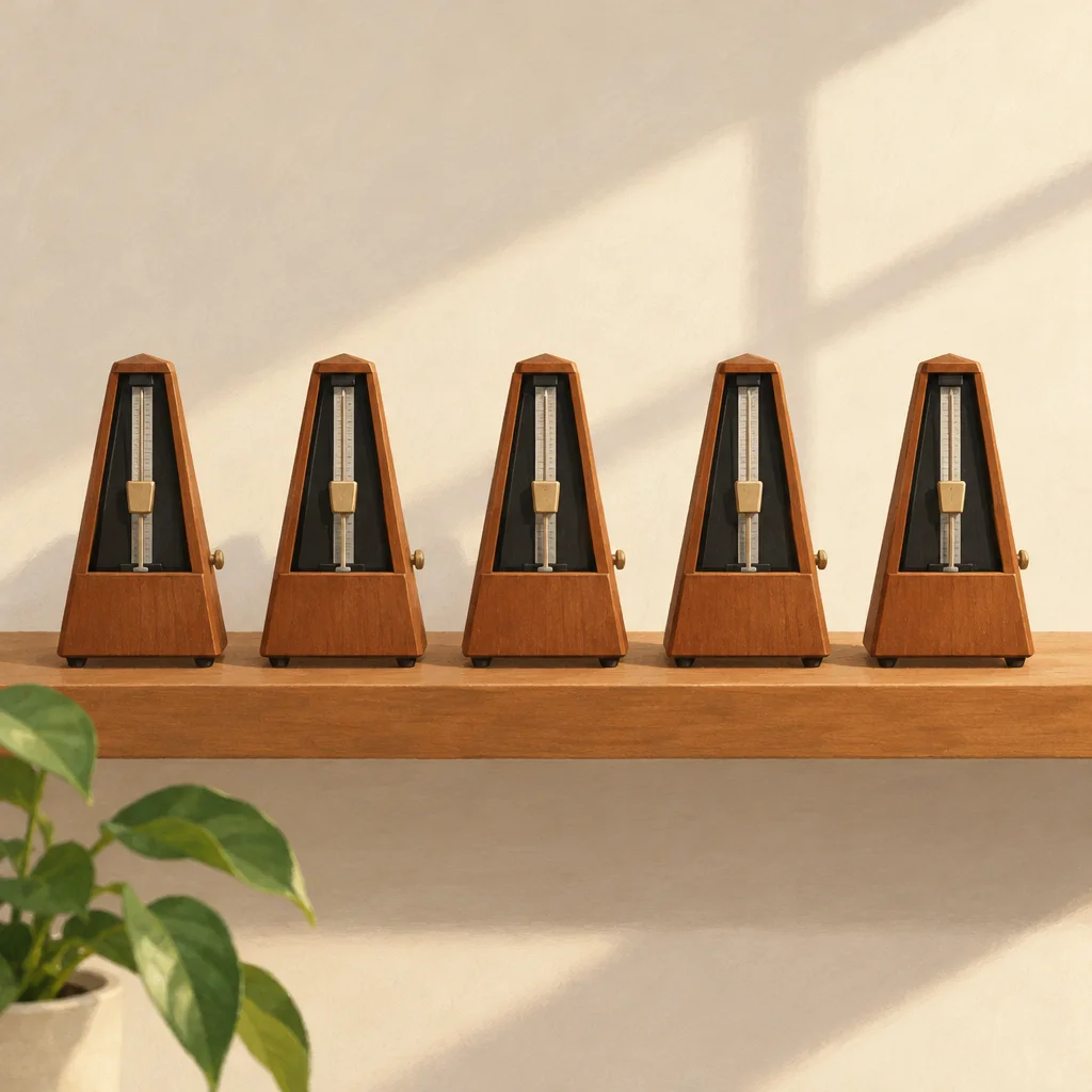A row of identical metronomes lined up evenly on a shelf.