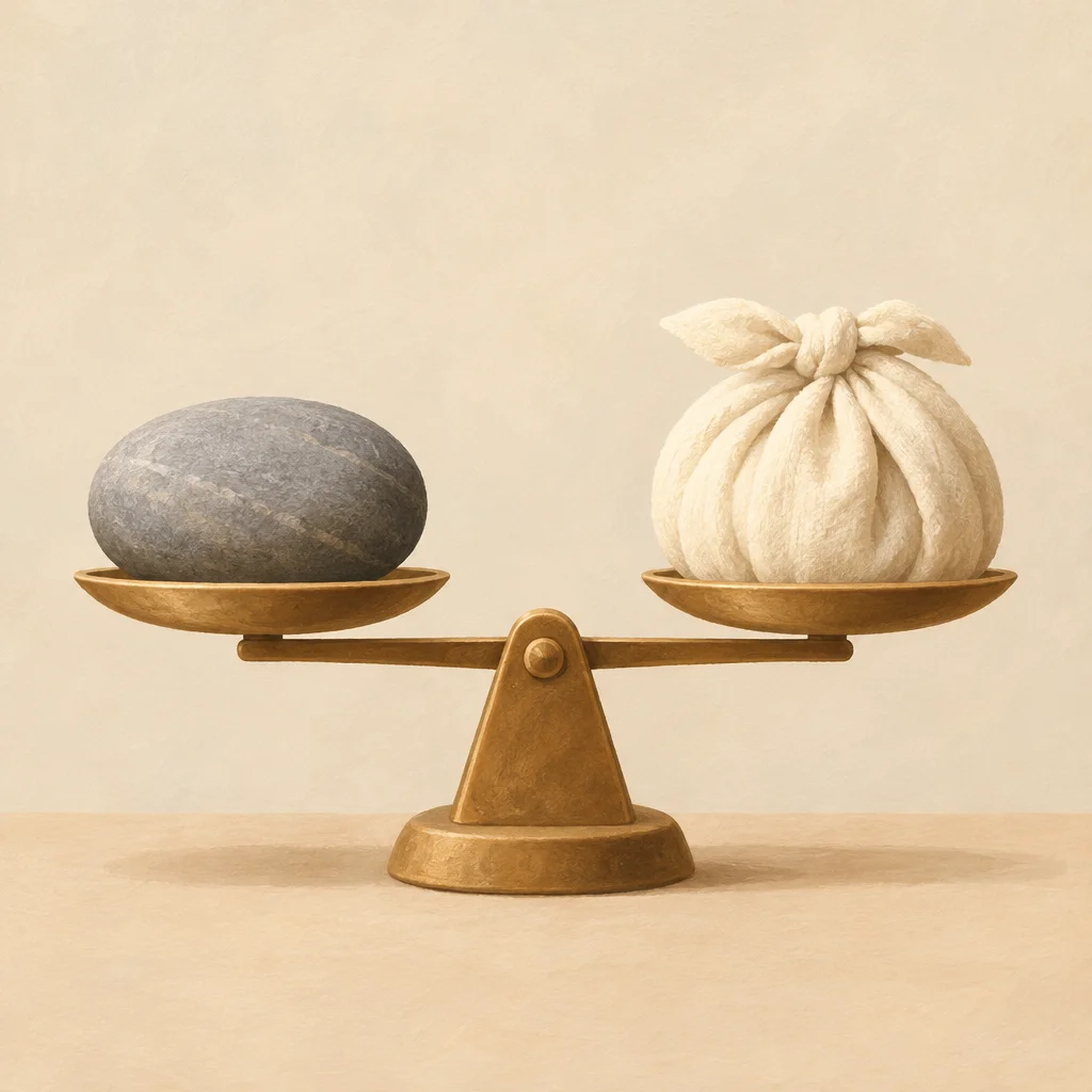 A small balance scale holding a smooth stone on one side and a soft cloth bundle on the other.