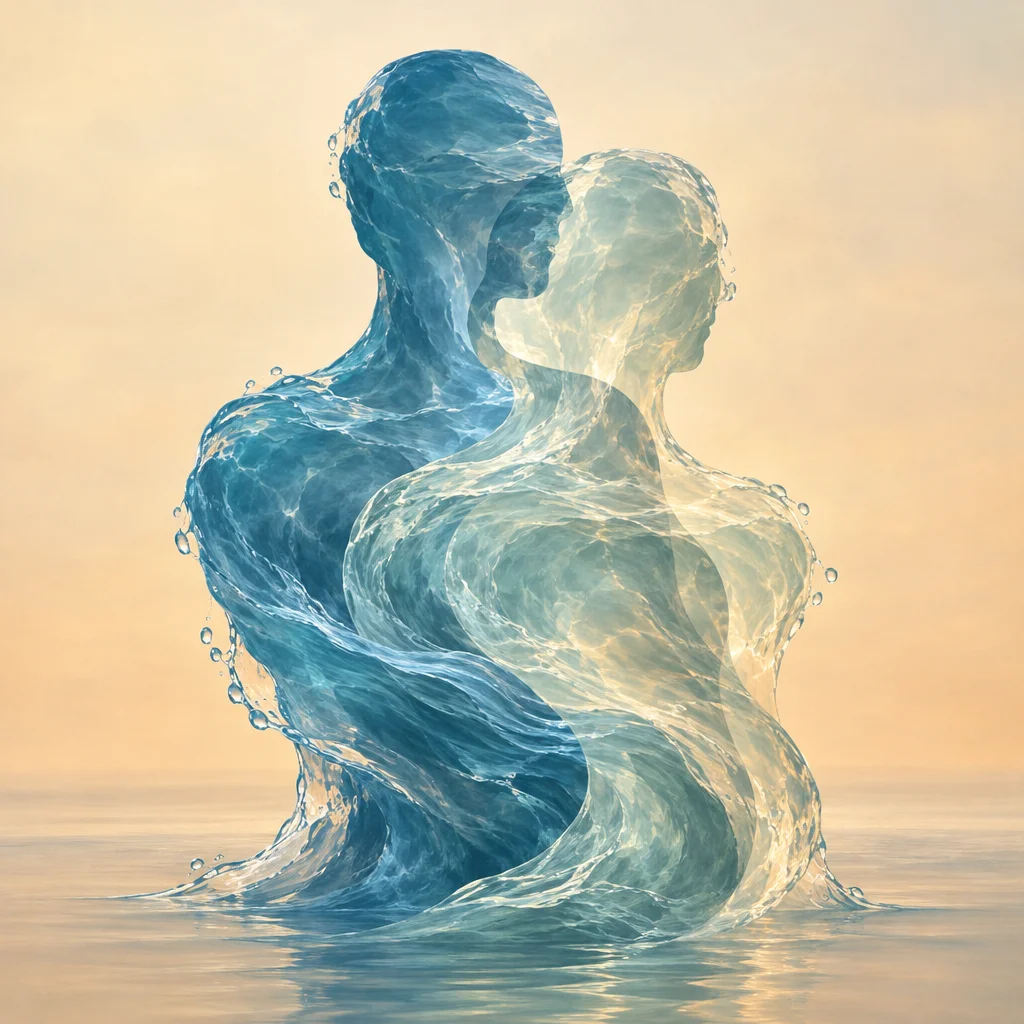 Two semi-transparent, water-like silhouettes overlapping so it is unclear which one is in charge.