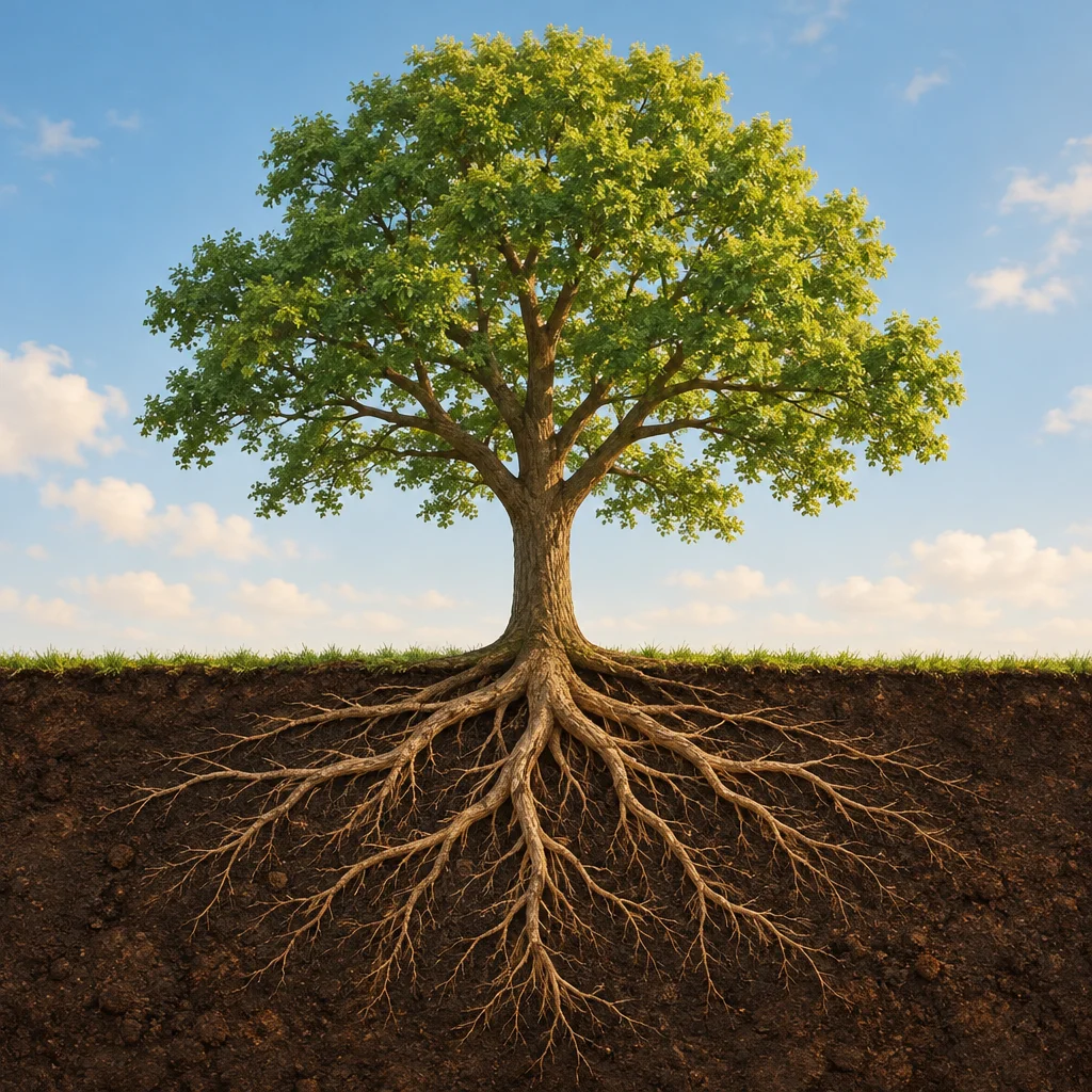 A tree shown with visible roots in soil and branches in open sky, emphasizing one living whole.