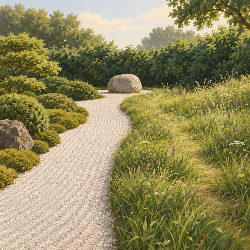 A garden with one neat gravel path and one wild grassy path leading toward the same plain stone.