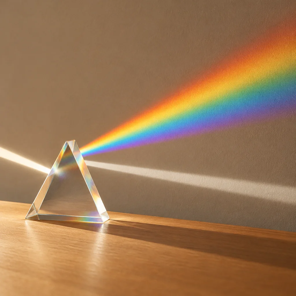 A prism splitting light into colors next to an unsplit beam, suggesting vividness versus plain checking.