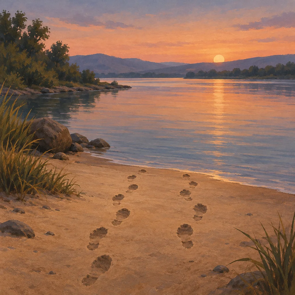 Two sets of footprints end near a quiet riverbank at twilight.