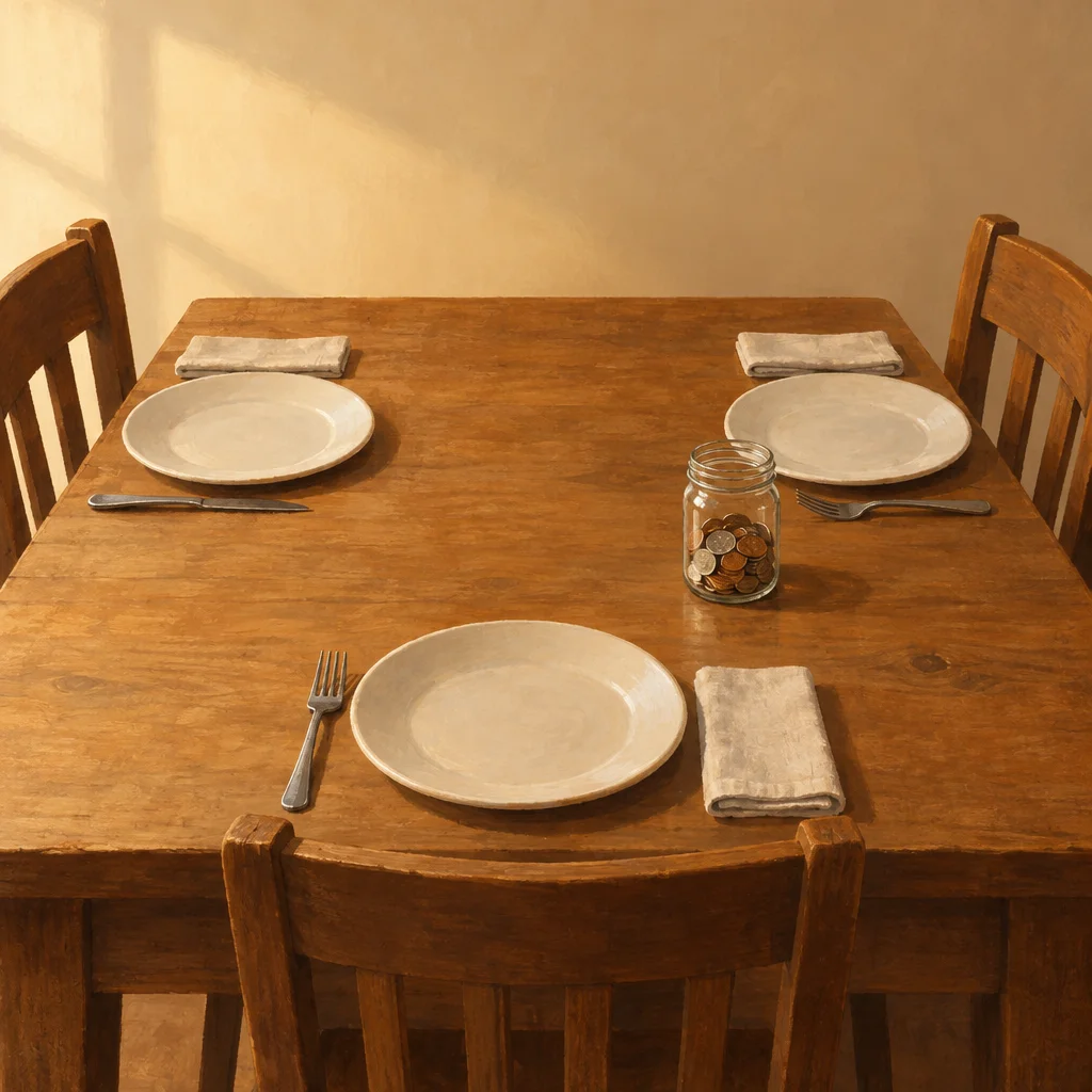 A plain table with three place settings and a small jar of coins near one seat.