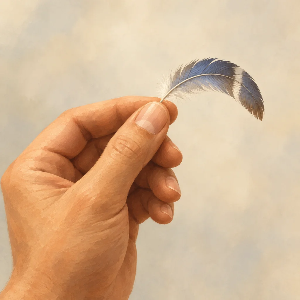 A large hand holds a small feather that is slightly bent.