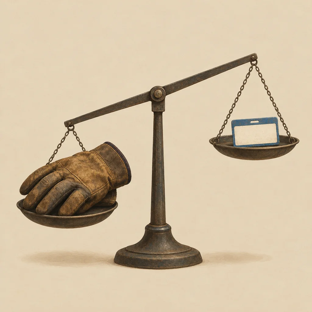 A balance scale tilting toward a heavy work glove while an empty name tag sits on the lighter side.
