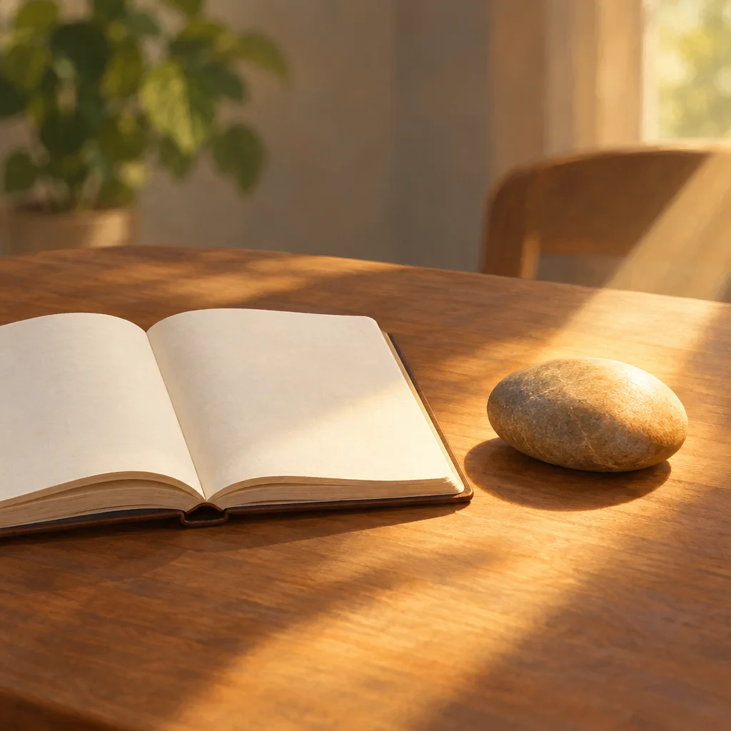 A blank open notebook next to a sunlit smooth stone on a table.