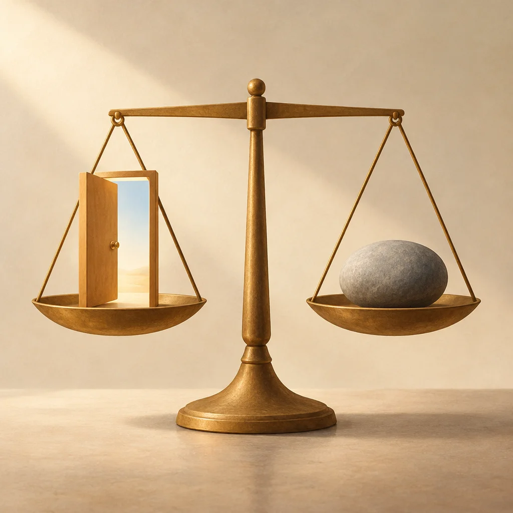 A balance scale holding an open-door-shaped object on one side and a smooth stone on the other.