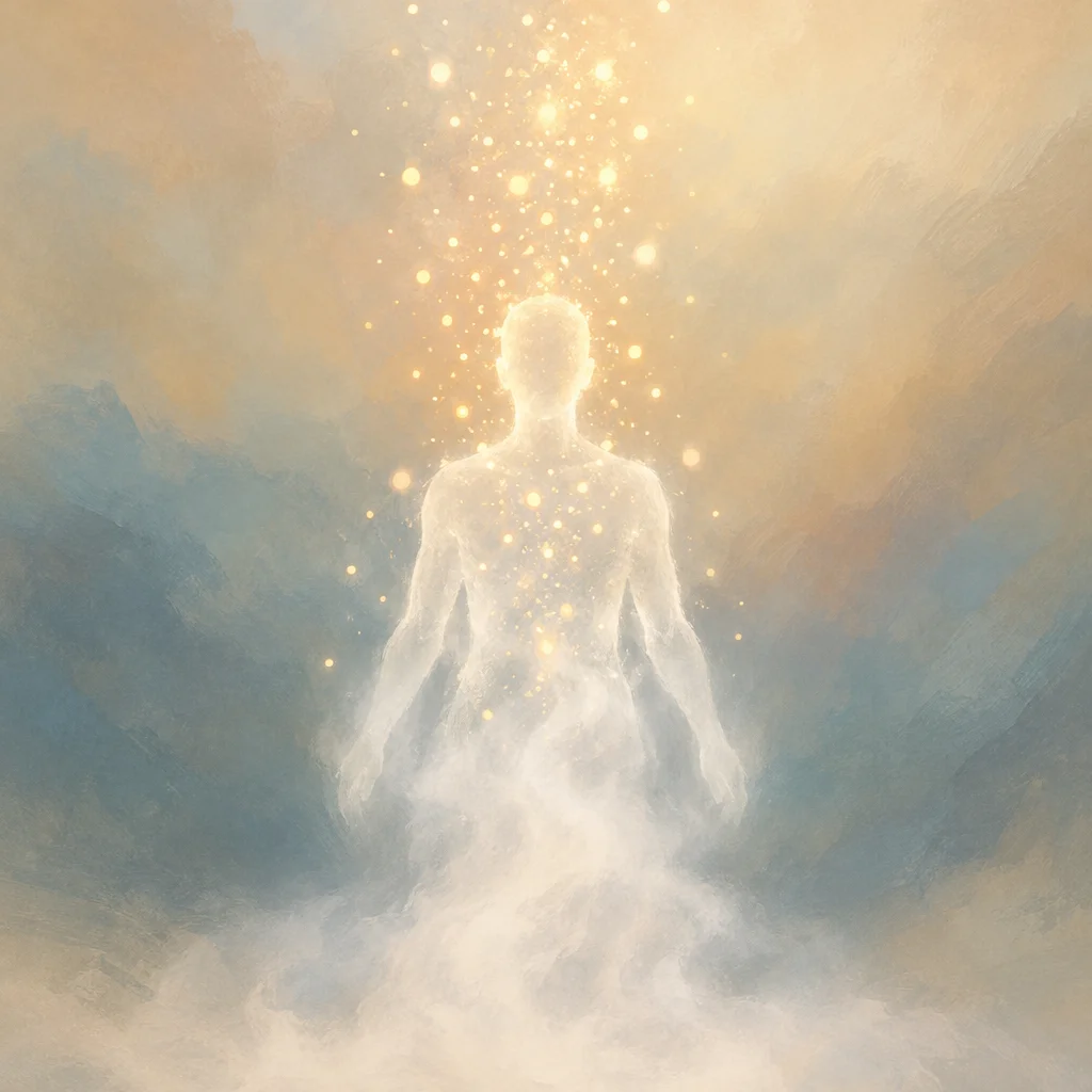 An abstract human outline fading from mist at the bottom into light particles above.