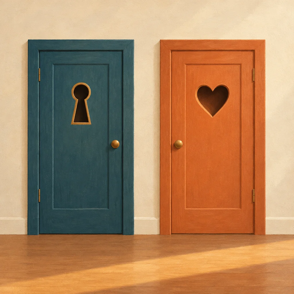 Two plain doors side by side, one with a keyhole motif and one with a heart-shaped cutout motif.