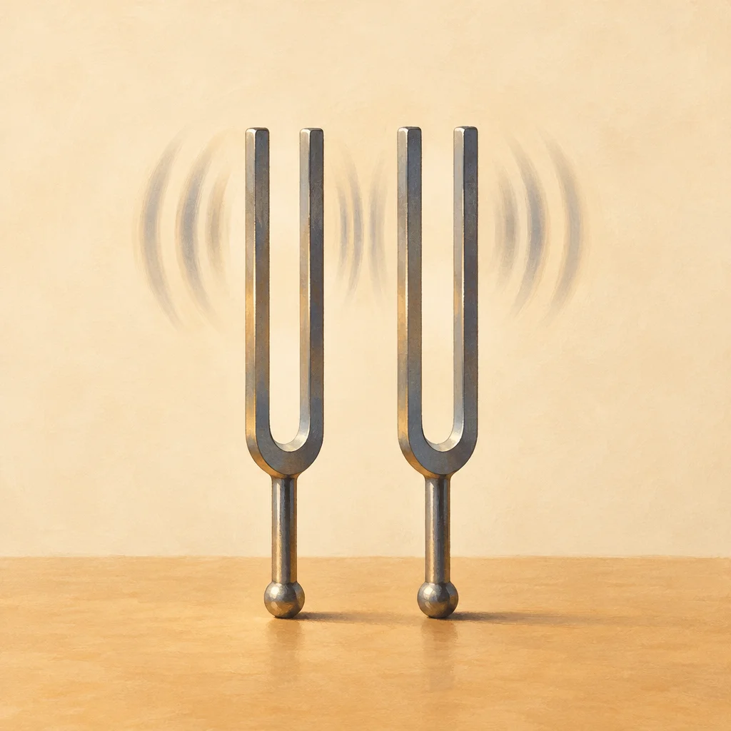 Two tuning forks placed close together on a plain surface, slightly blurred to suggest vibration.