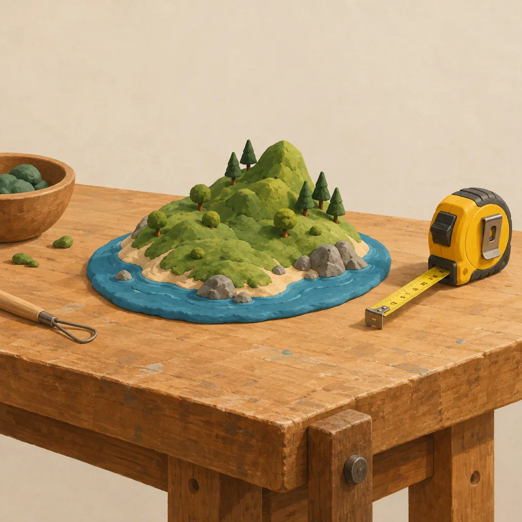 A wooden workbench holding a small clay model of a green island, with a measuring tape beside it.