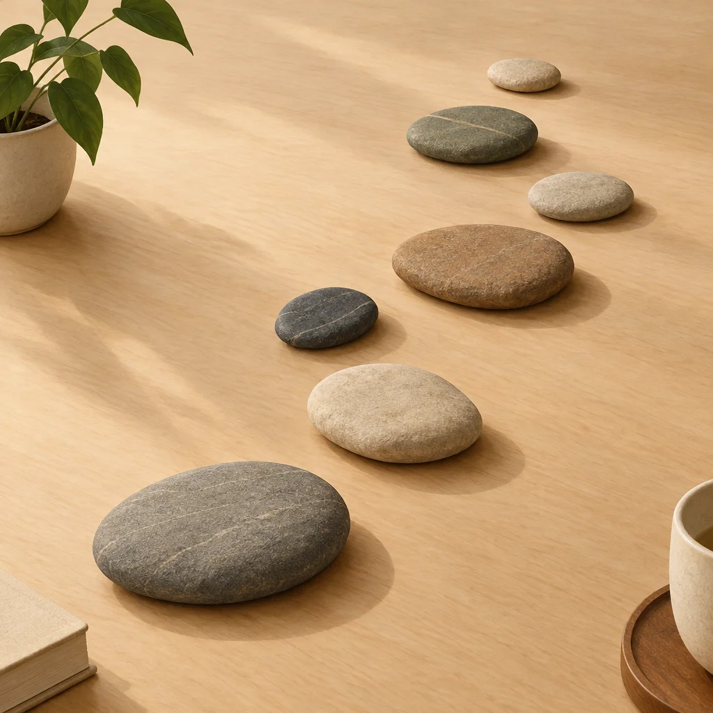 A set of small stepping stones arranged in an uneven, non-straight path on a tabletop.