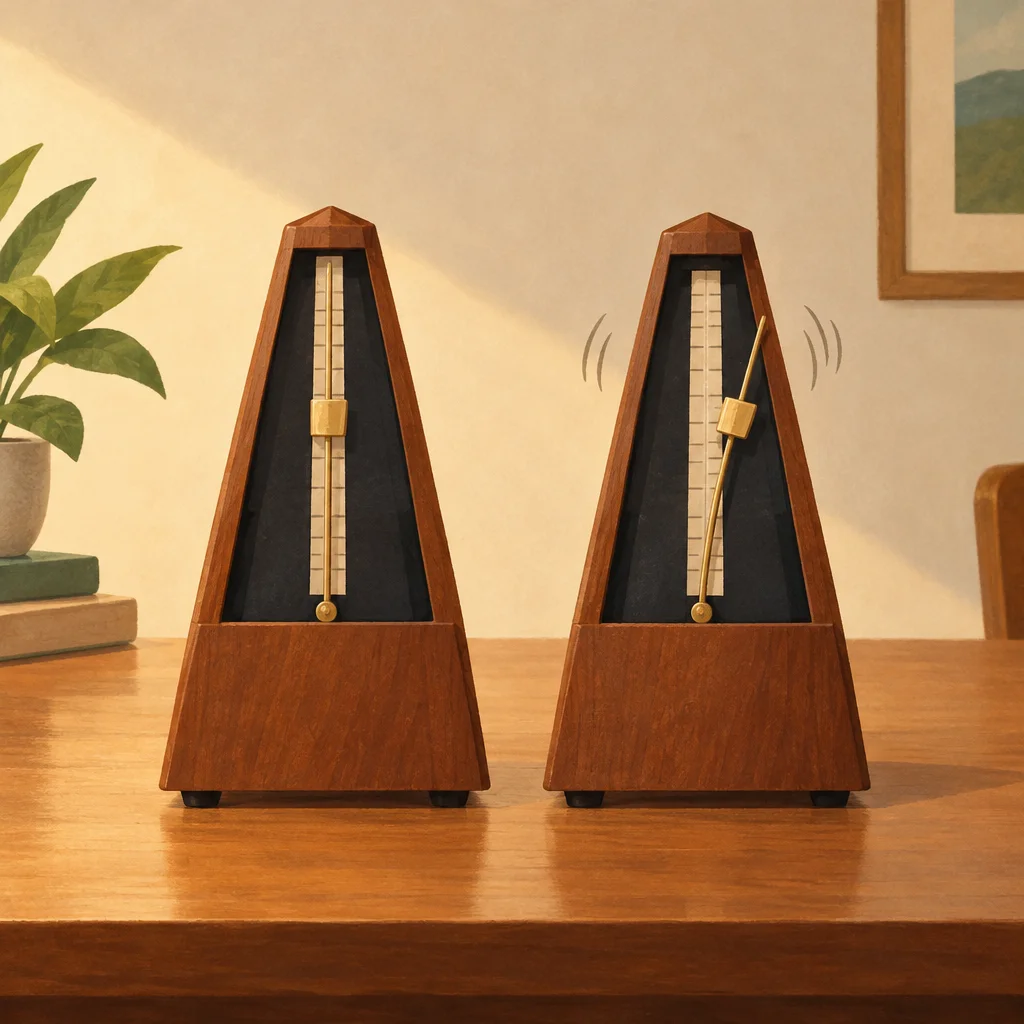 Two metronomes side by side, one looking steady and the other slightly unsteady.