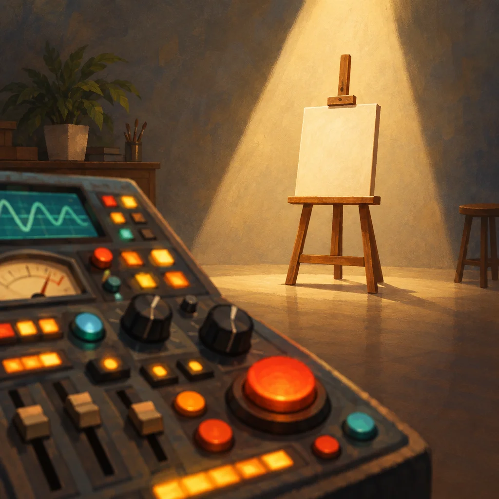 An empty easel in a spotlight, with a busy control panel in the foreground pulling focus.