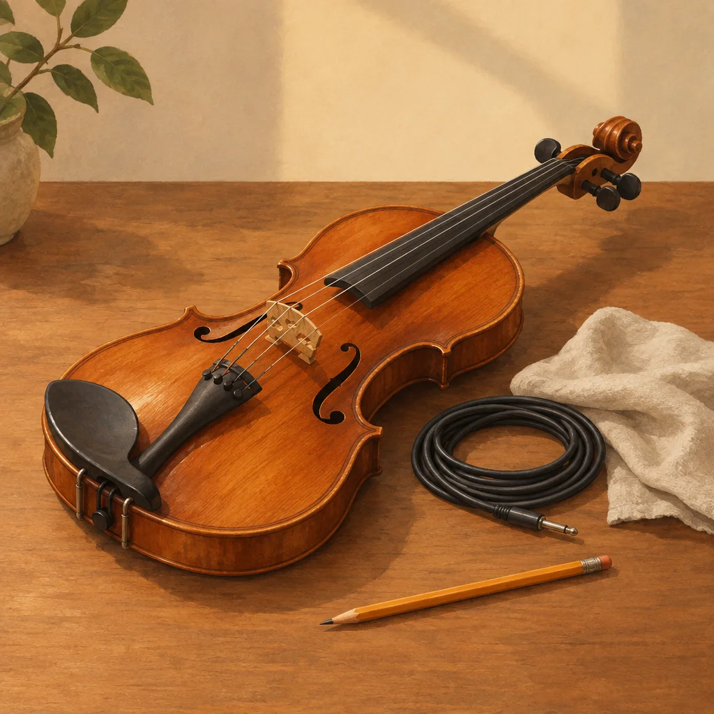 A violin with a soft cloth and a neatly placed sharpened pencil, arranged like a careful work setup.