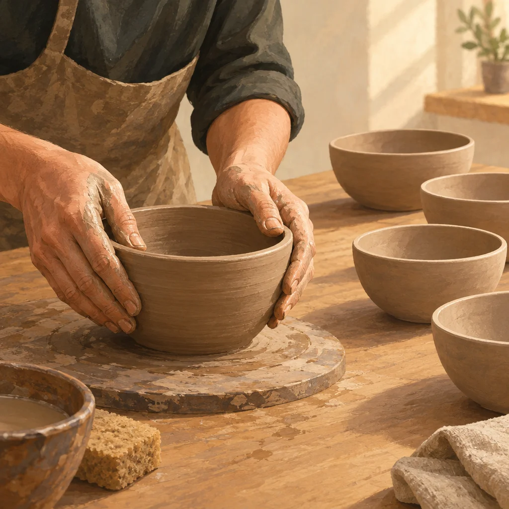 Hands shaping a clay bowl with several finished bowls placed nearby on a table.