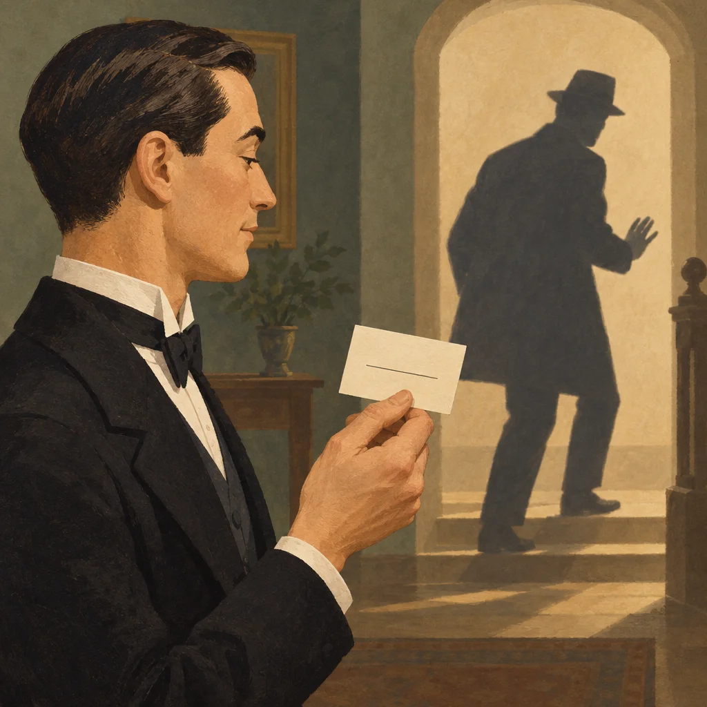 A conceptual image of a calm valet figure holding a small blank card, with a larger shadowy figure paused in the background.