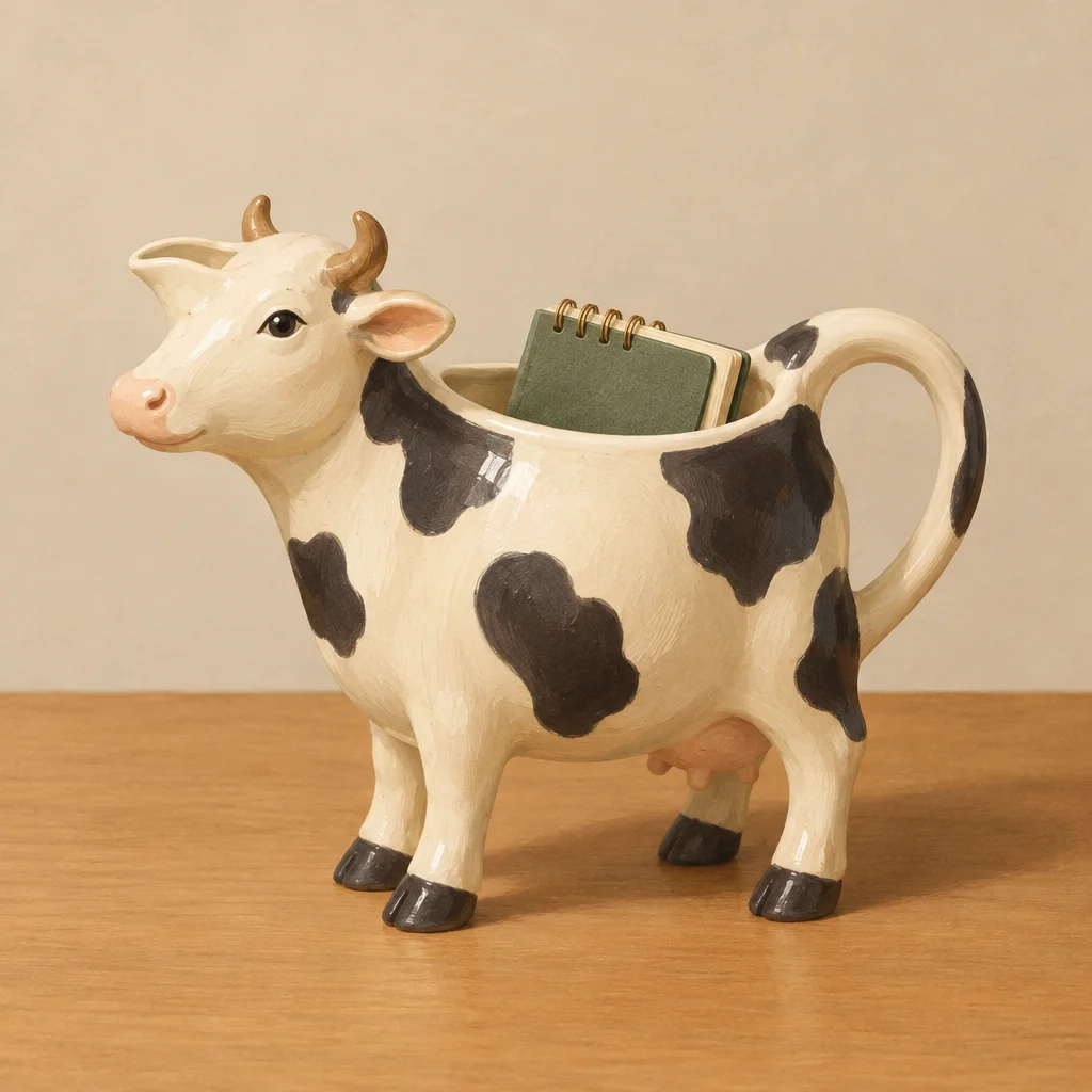 A conceptual still life of a cow-shaped creamer with the edge of a small notebook visible inside on a plain table.