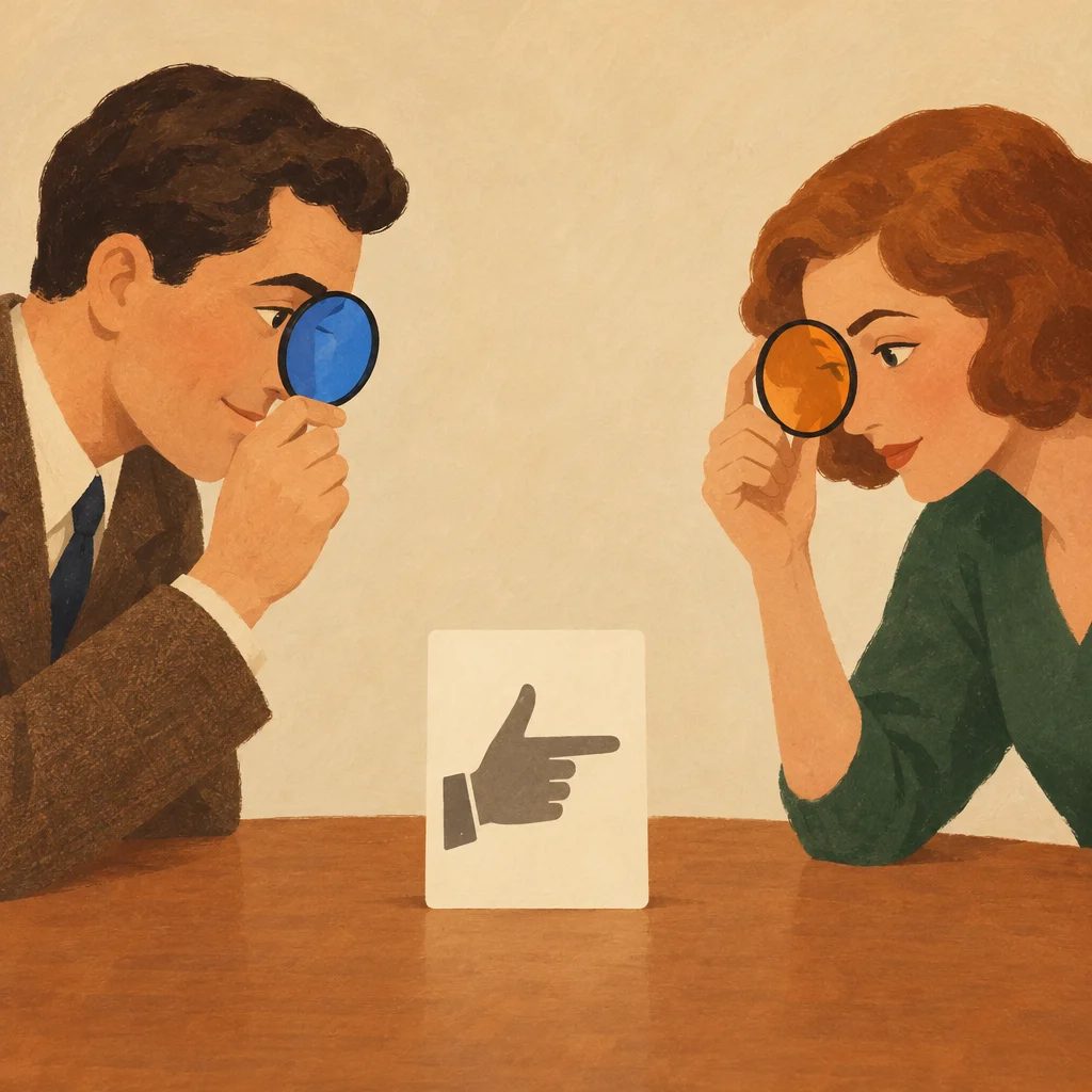 A conceptual image of two figures looking at the same gesture card while holding different colored lenses.