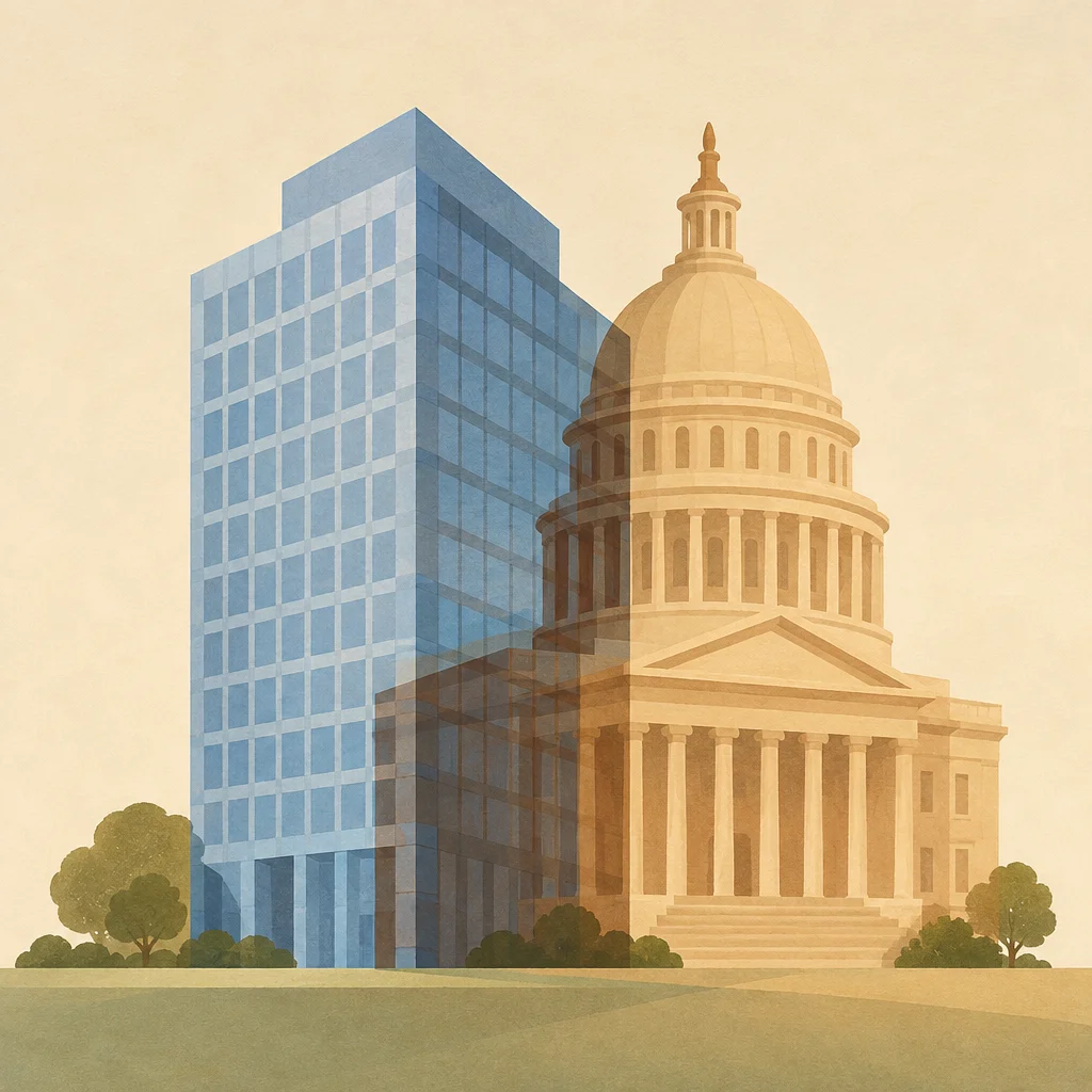 A translucent office outline overlapping a translucent government-building outline on a shared base.