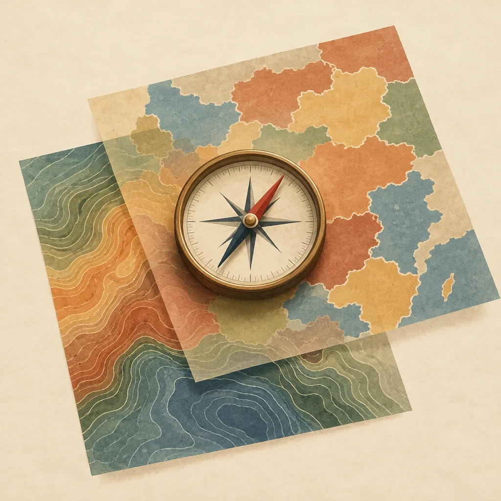 A compass on layered maps where geological contours and abstract borders don’t line up.