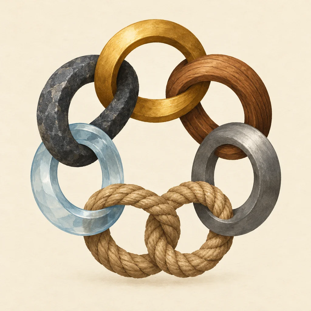 Interlocking rings of different materials forming a chain around an empty center space.