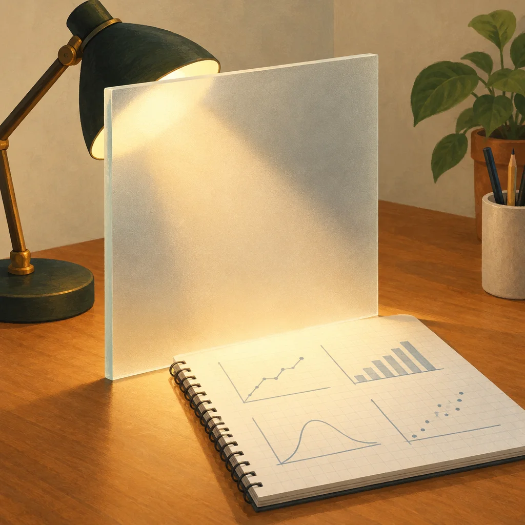 A desk lamp shining through frosted glass onto a notebook with blank graphs.
