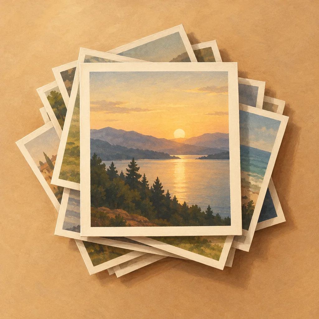 A stack of generic photos with one centered on top to suggest focus.