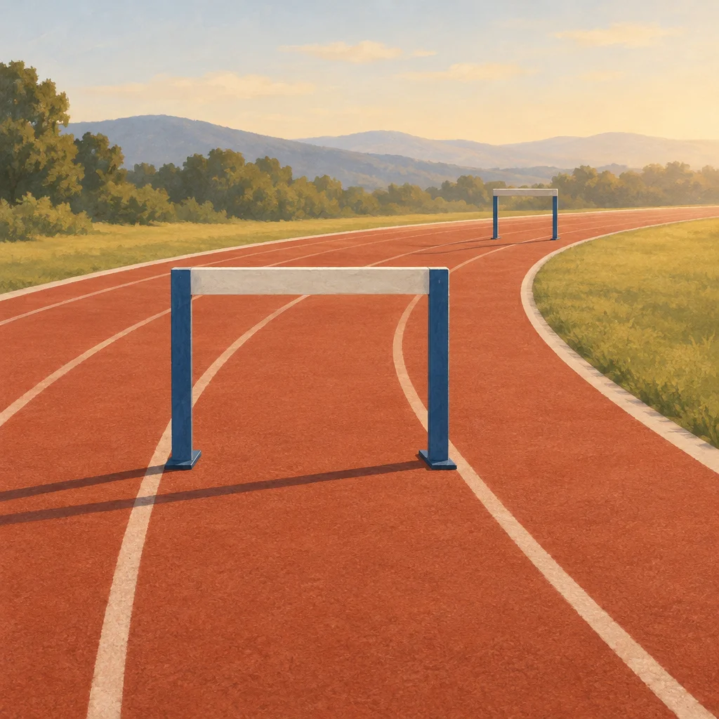 A track-like path with two plain gates spaced apart, the second farther away.