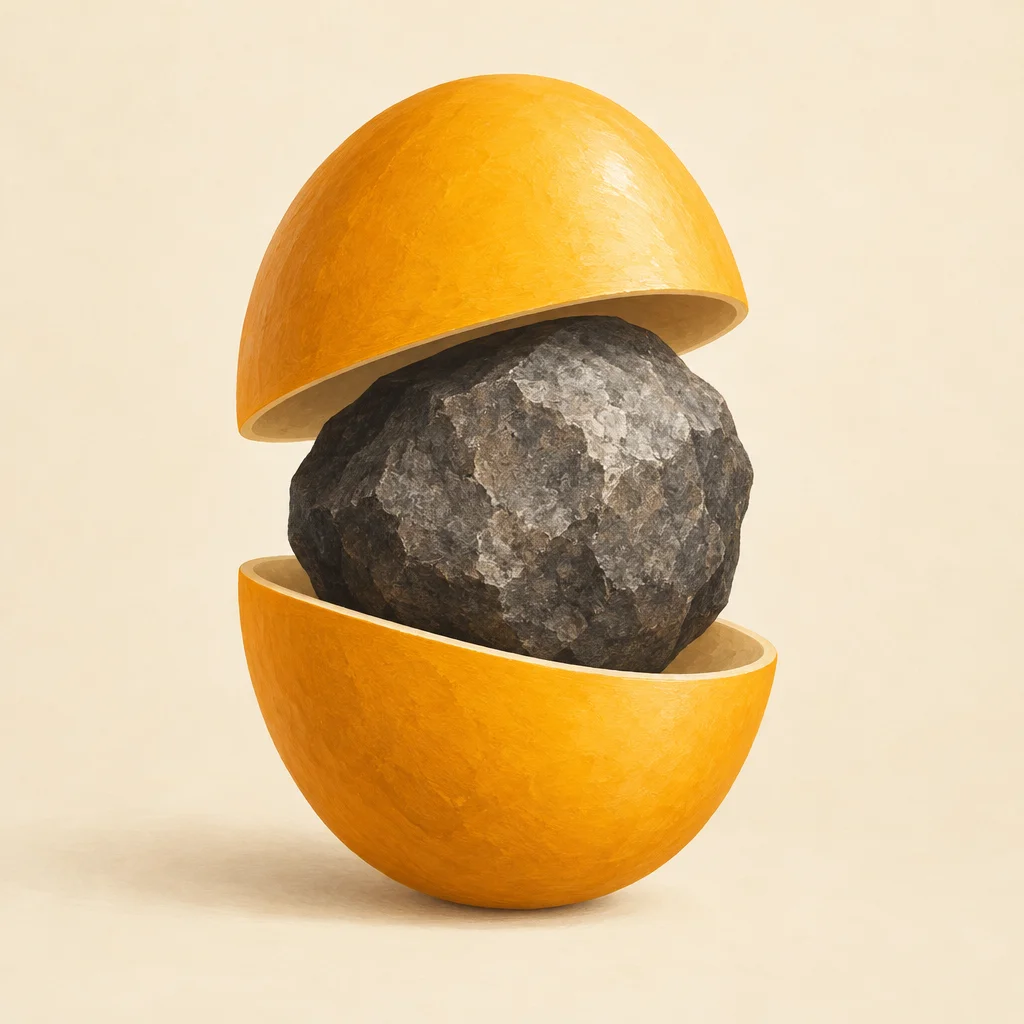 A two-layer object with an outer shell and a heavier inner core, slightly separated.