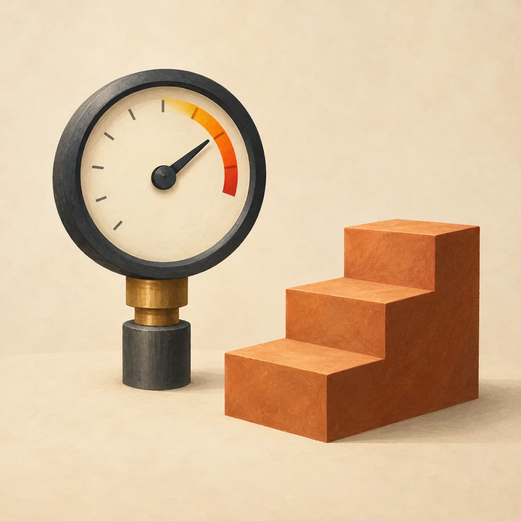 A plain pressure gauge beside a three-step staircase on a neutral background.