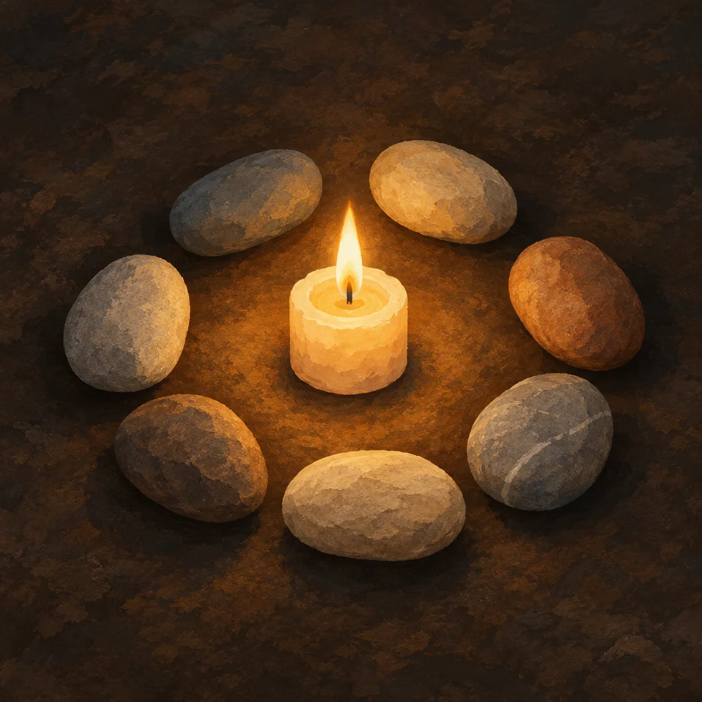 A small candle surrounded by a ring of stones on dark ground, suggesting shared support.