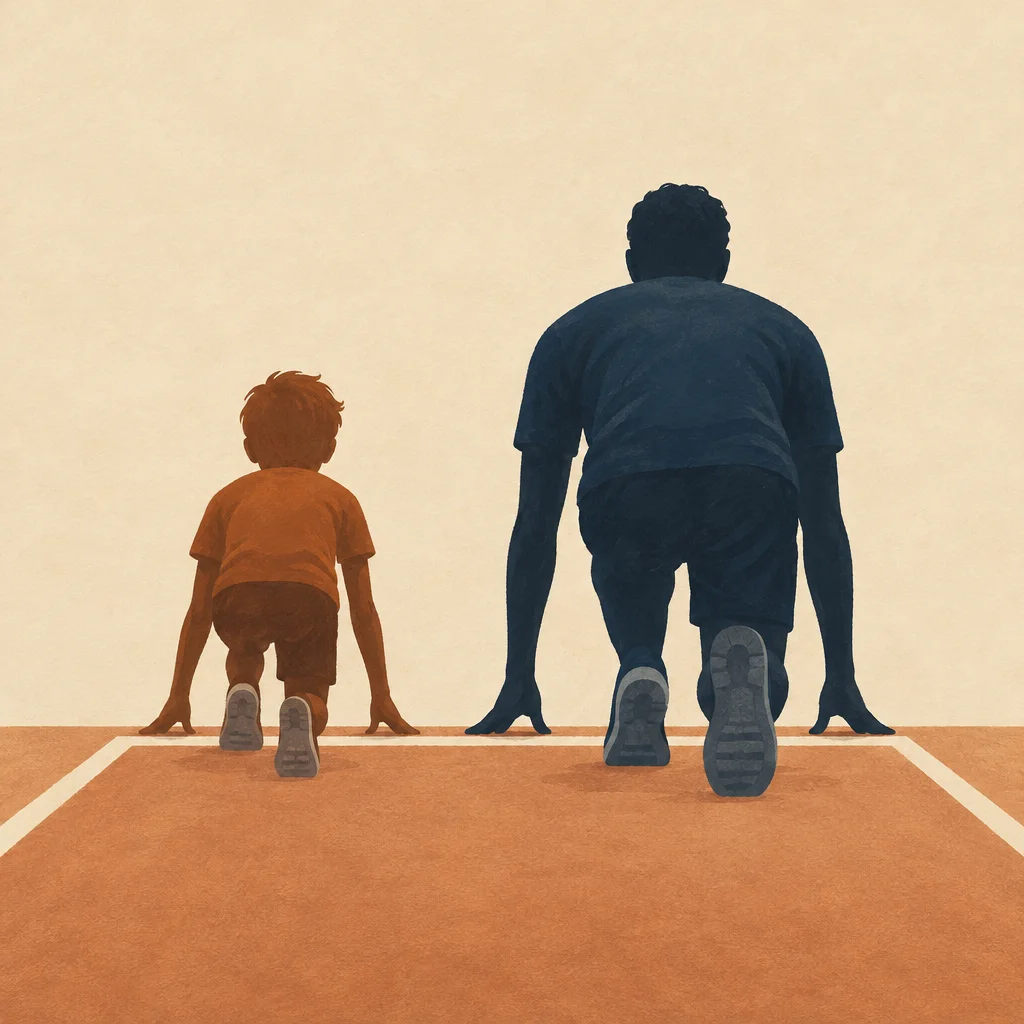Two human silhouettes of different sizes standing side by side at a start line, suggesting equal challenge.