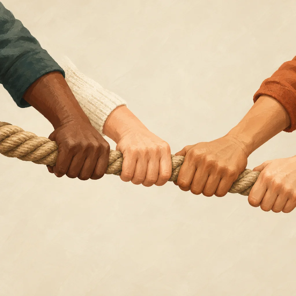 Several hands gripping one thick rope together, suggesting shared effort.