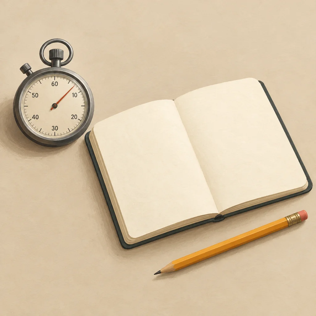 A stopwatch beside an open blank notebook and a pencil on a plain surface.
